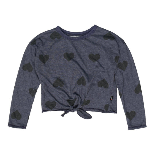 Raw-Edged Tie-Front Shirt (Heart-Print Pattern)