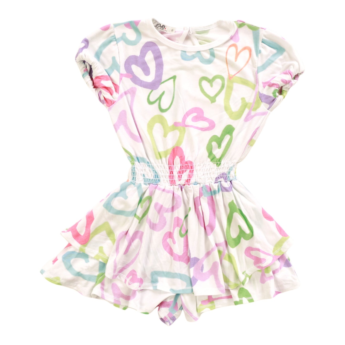 Double-Layer Puff-Sleeve Romper (Mixed Hearts Pattern)