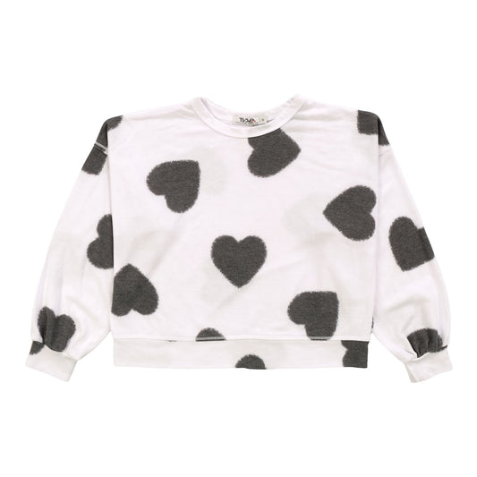 Heather Balloon-Sleeve Pullover (Black Fuzzy Heart Pattern)