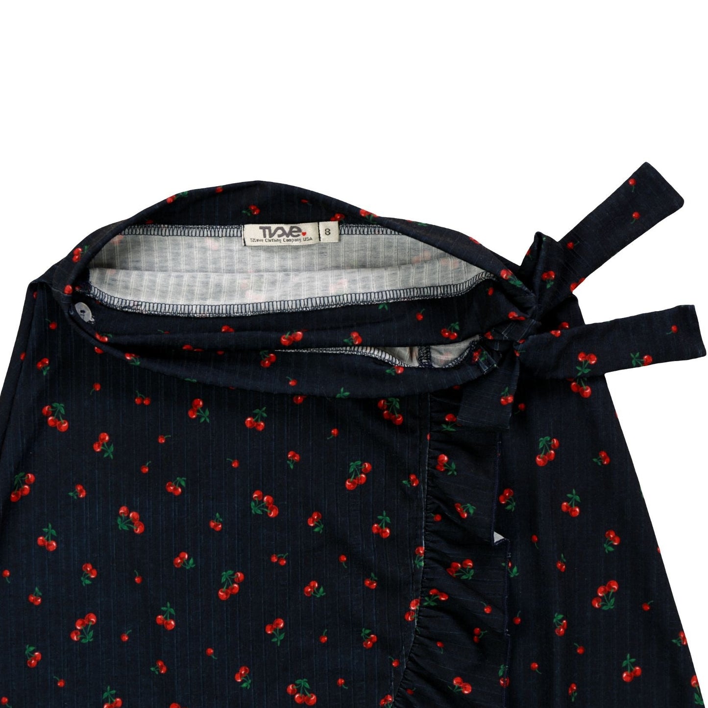 Ribbed Asymmetrical Ruffle Long Skirt (Cherries Pattern)