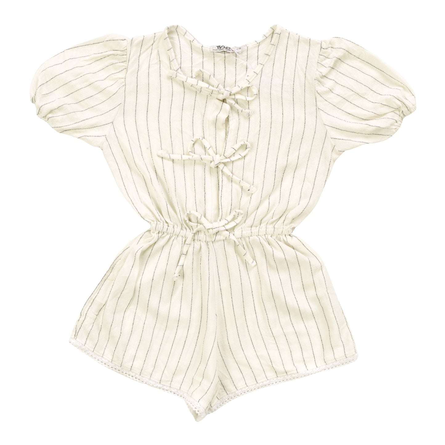 Puff-Sleeve Bows Romper (Vertical Stripes)