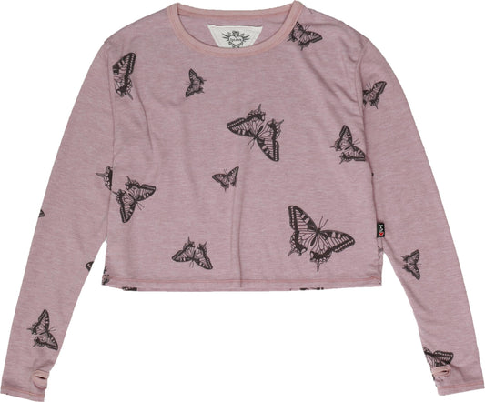 Long-Sleeved Boxy Tee with Thumbholes (Butterflies Pattern)