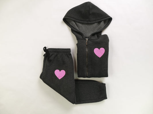 Hooded Jacket & Athletic Pants Set (Mini Pink Heart Print)