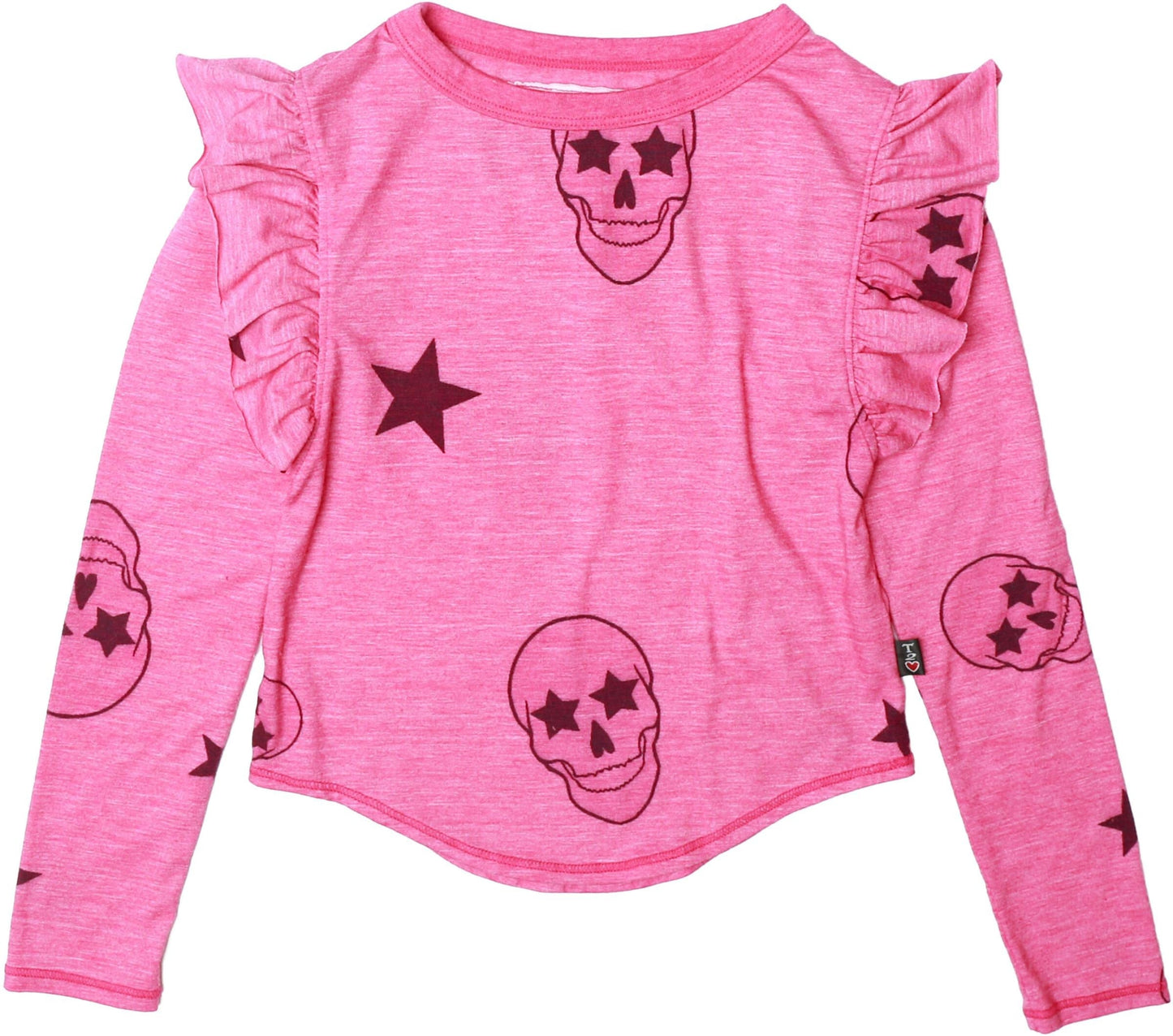 Ruffle-Shoulder Long-Sleeved Shirt (Pink Skulls Pattern)