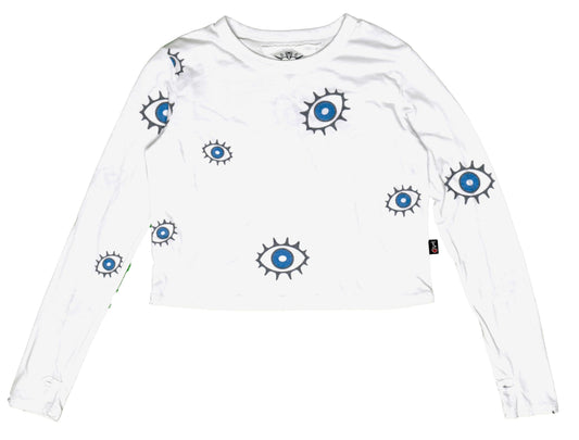 Long-Sleeved Boxy Tee with Thumbholes (Evil Eye Pattern)