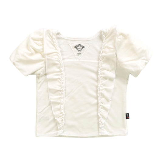 Heather Puffy Short-Sleeve Ruffle-Front Top