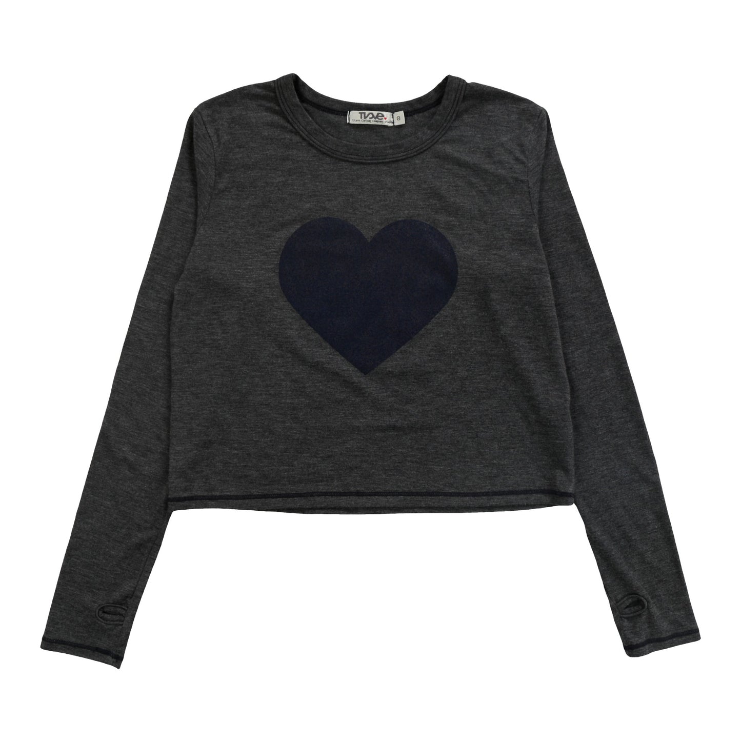 Long-Sleeved Boxy Tee with Thumbholes (Navy Heart Print)