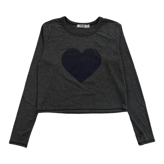Long-Sleeved Boxy Tee with Thumbholes (Navy Heart Print)