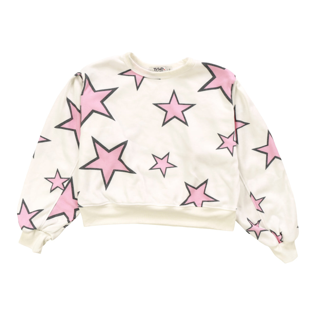 Seamed-Sleeve Pullover Crew (Pink Stars Pattern)
