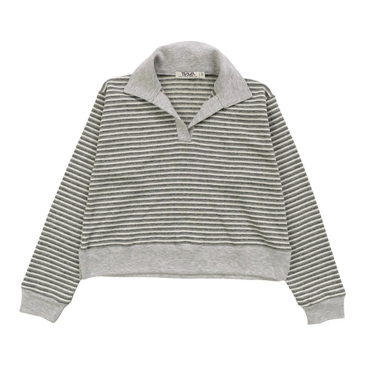 Collared Long-Sleeved Top (Gray Stripes)