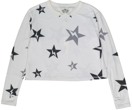 Long-Sleeved Boxy Tee with Thumbholes (Star Bolt Pattern)