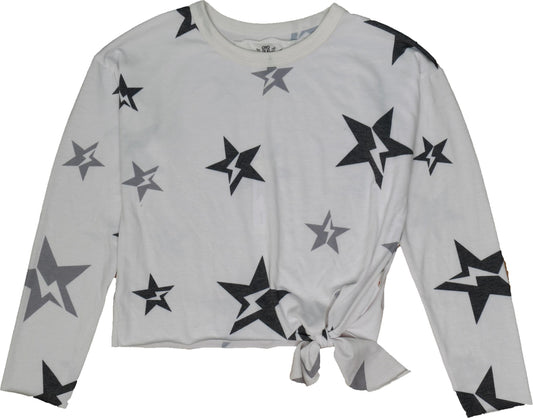 Side-Knot Crewneck Long-Sleeve Top (Star Bolt Pattern)