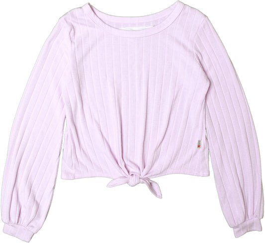 Puffed Long-Sleeved Tie-Front Top (Flat-Ribbed)