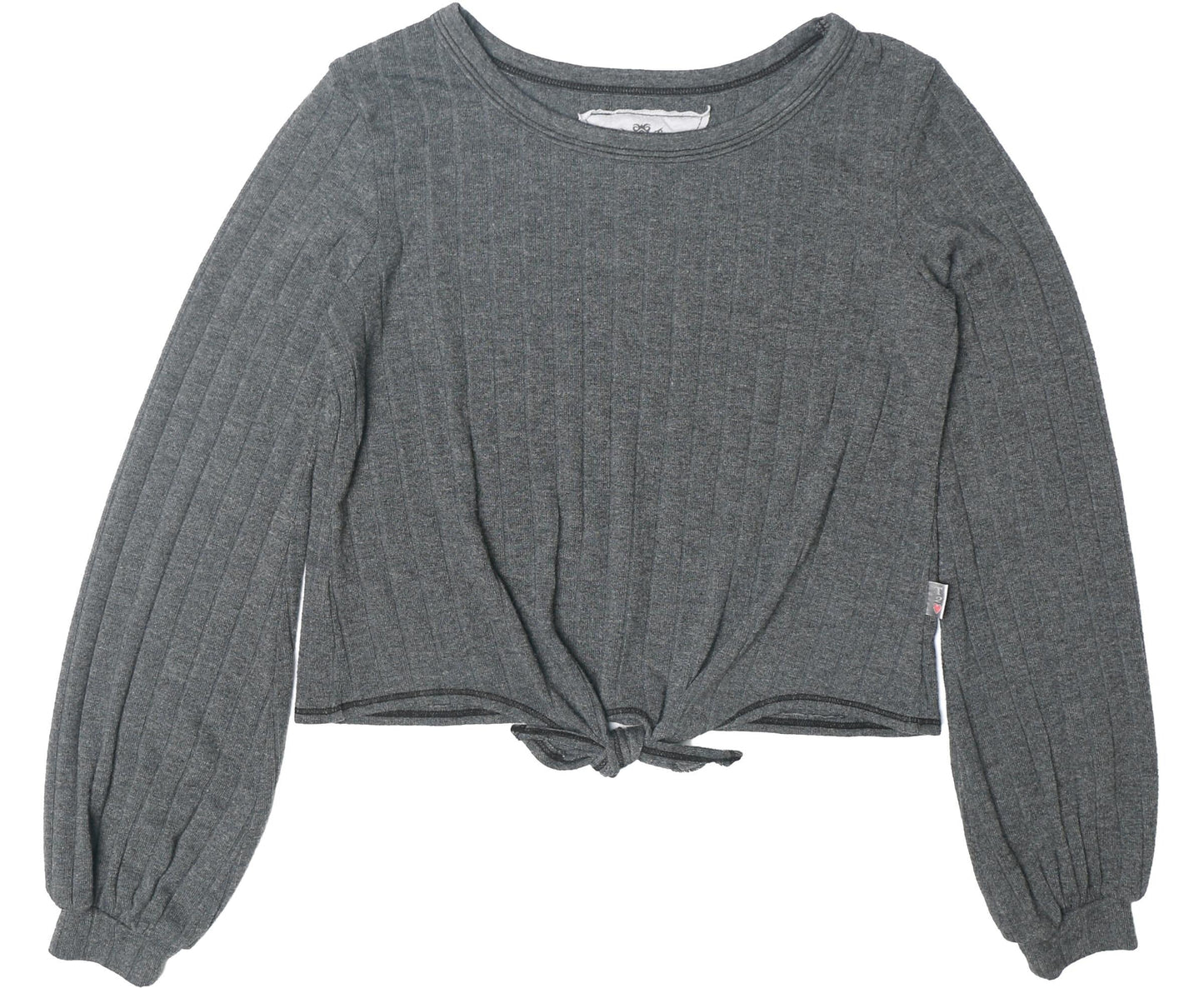 Puffed Long-Sleeved Tie-Front Top (Flat-Ribbed)