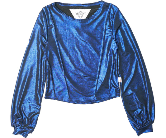 Metallic Puffed Long-Sleeved Pullover with Seamed Bodice