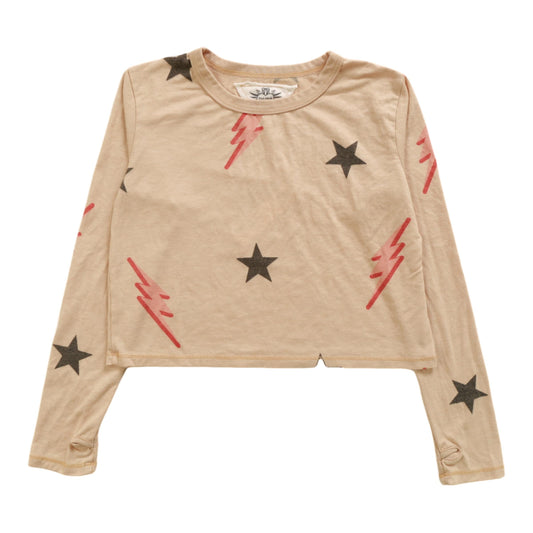 Long-Sleeved Boxy Tee with Thumbholes (Stars and Bolts Pattern)