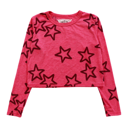 Long-Sleeved Boxy Tee with Thumbholes (Hollow Stars Pattern)