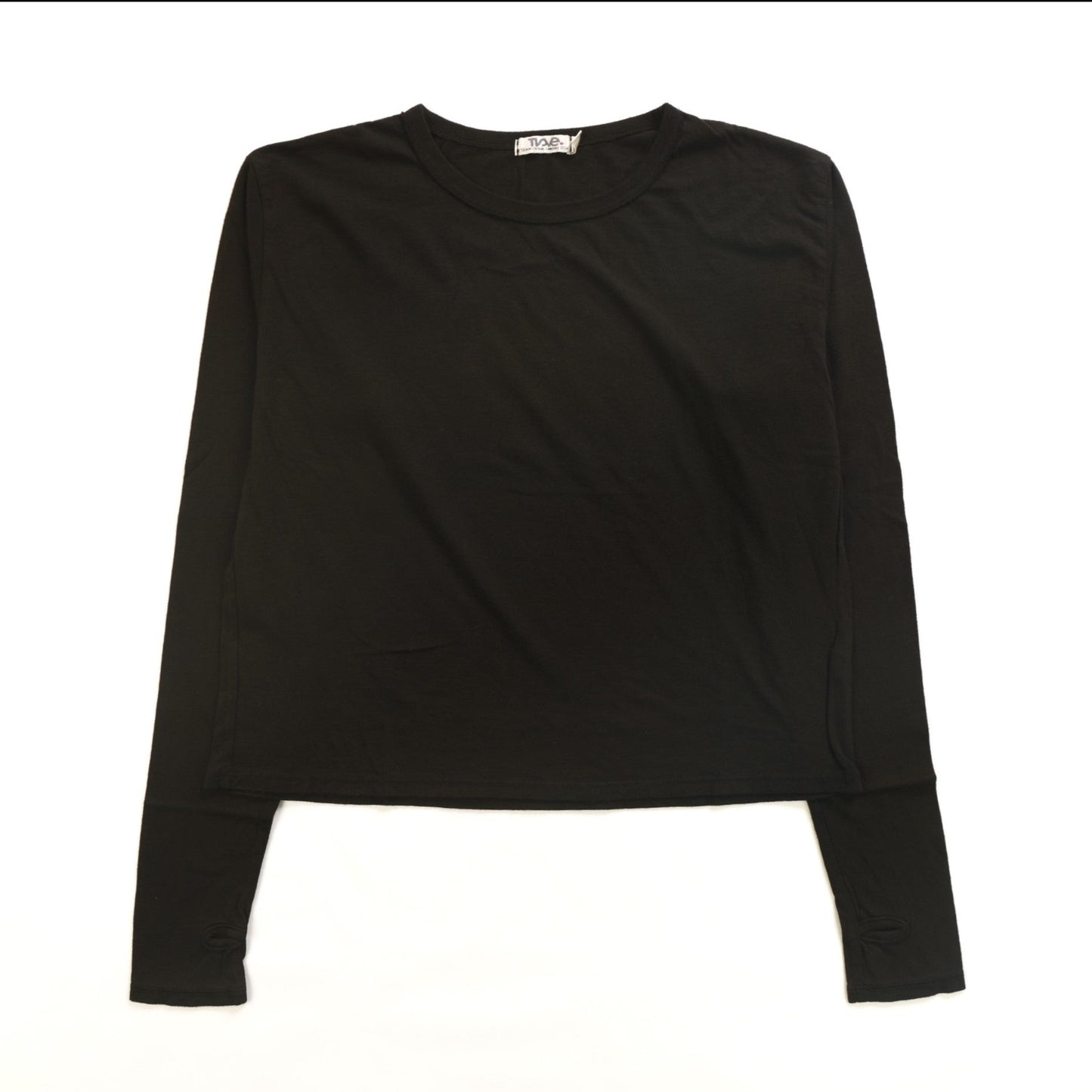 looser-fit women's long sleeve shirt in black and thumbholes at the end of the sleeves