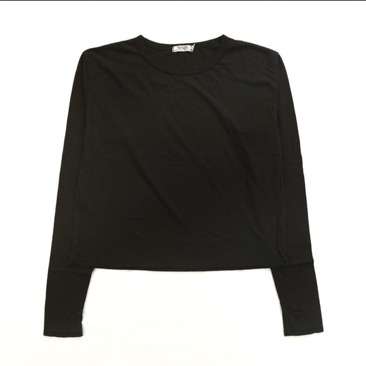 looser-fit women's long sleeve shirt in black and thumbholes at the end of the sleeves