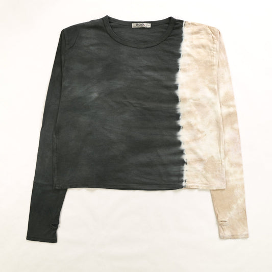 looser-fit women's long sleeve shirt in graphite and mocha tie-dye splotches and thumbholes at the end of the sleeves