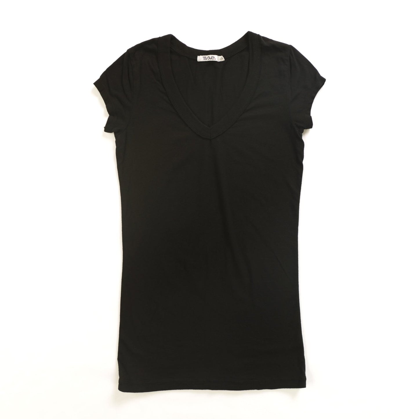 women's black cap-short-sleeve shirt with v-neck