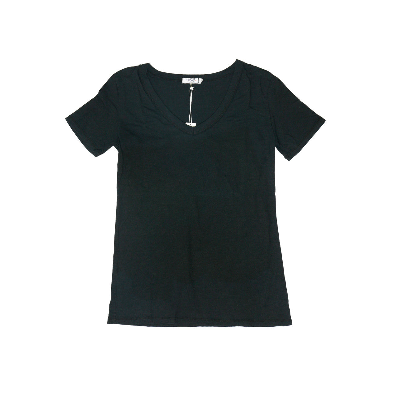 women's looser-fit v-neck tee in black color with short sleeves and long torso