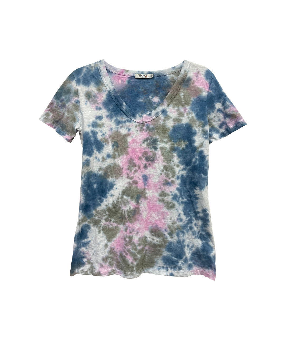 women's looser-fit v-neck tee in pink, gray, and denim blue tie-dye splotches over a light gray fabric with short sleeves and long torso