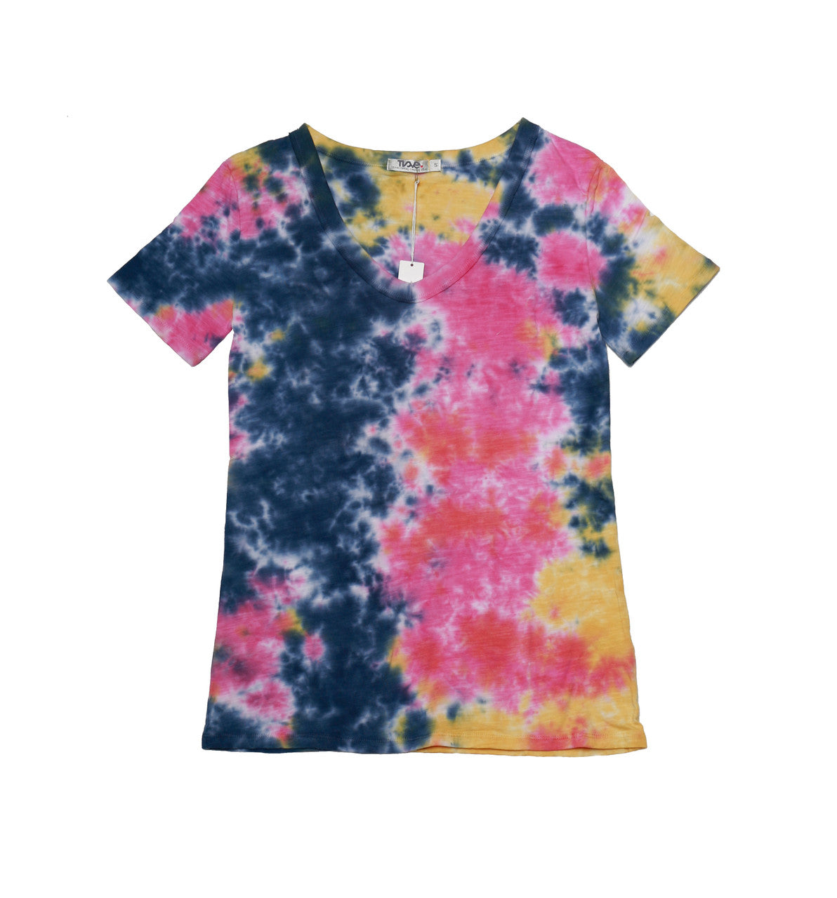 women's looser-fit v-neck tee in navy blue, vibrant pink, and yellow tie-dye splotches with short sleeves and long torso