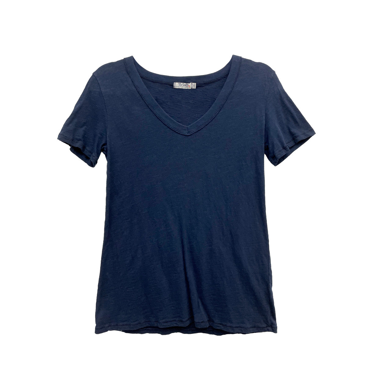 women's looser-fit v-neck tee in navy color with short sleeves and long torso