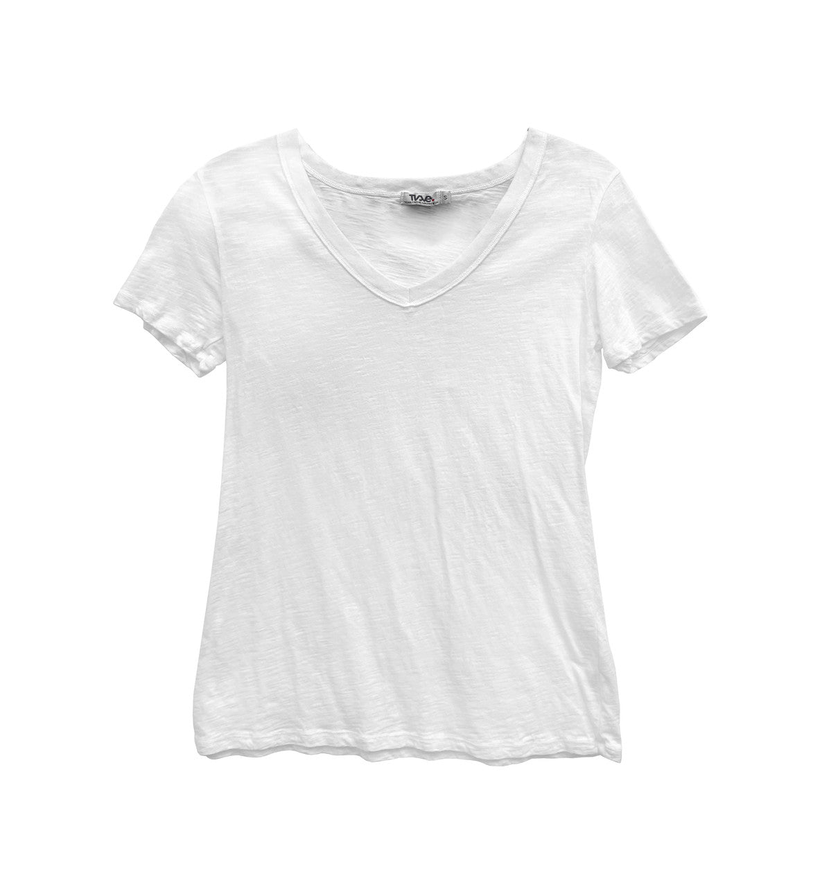 women's looser-fit v-neck tee in white color with short sleeves and long torso