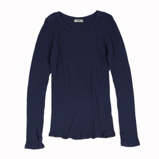women's navy thermal fabric shirt with long sleeves and thumbholes at the end