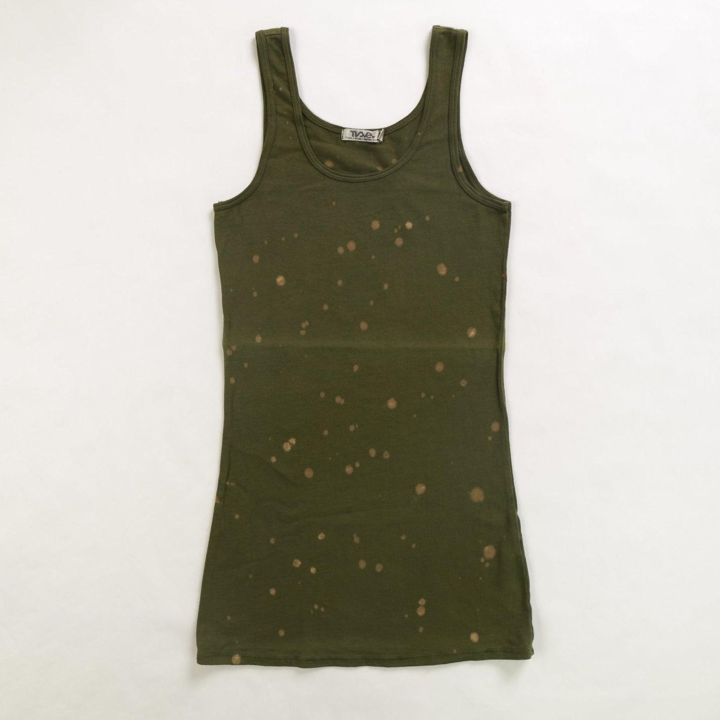 women's olive with lighter olive tie-dye spots looser-fitting tank with broader straps