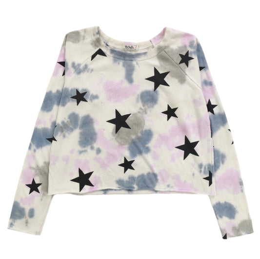 women's blue, gray, and pink splotchy tie-dye with black stars loose-fitting raglan fleece fabric long-sleeve shirt