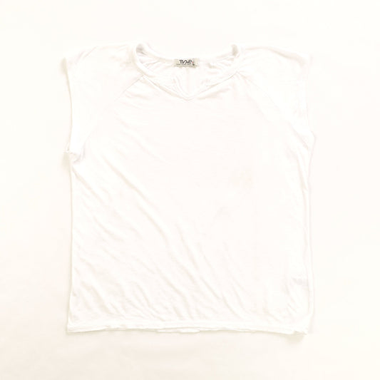 women's white tee with short torso and a v-shaped notch on the front of the neckline