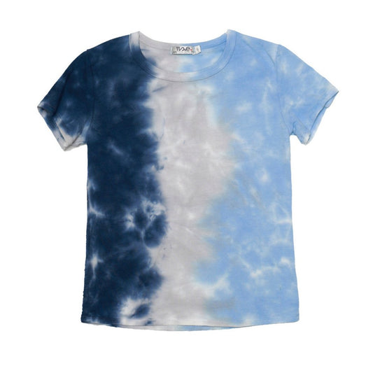 women's simple t-shirt with light blue tie-dye down the left side of the shirt, gray tie-dye down the middle of the shirt, and navy blue tie-dye down the right side of the shirt