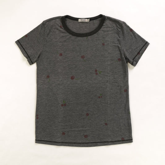 women's simple black t-shirt with single- and double-cherries spaced out and randomly distributed throughout the fabric