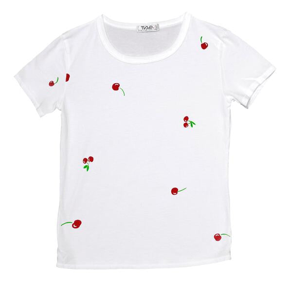 women's simple white t-shirt with single- and double-cherries spaced out and randomly distributed throughout the fabric