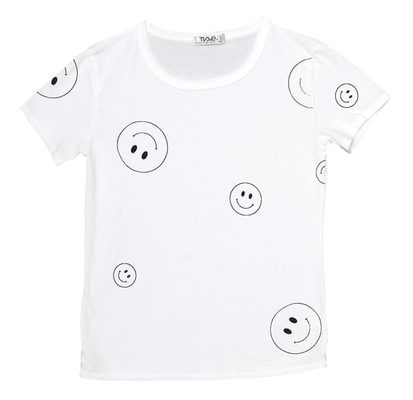 women's simple white t-shirt with larger and smaller happy faces spaced out and randomly distributed across the fabric