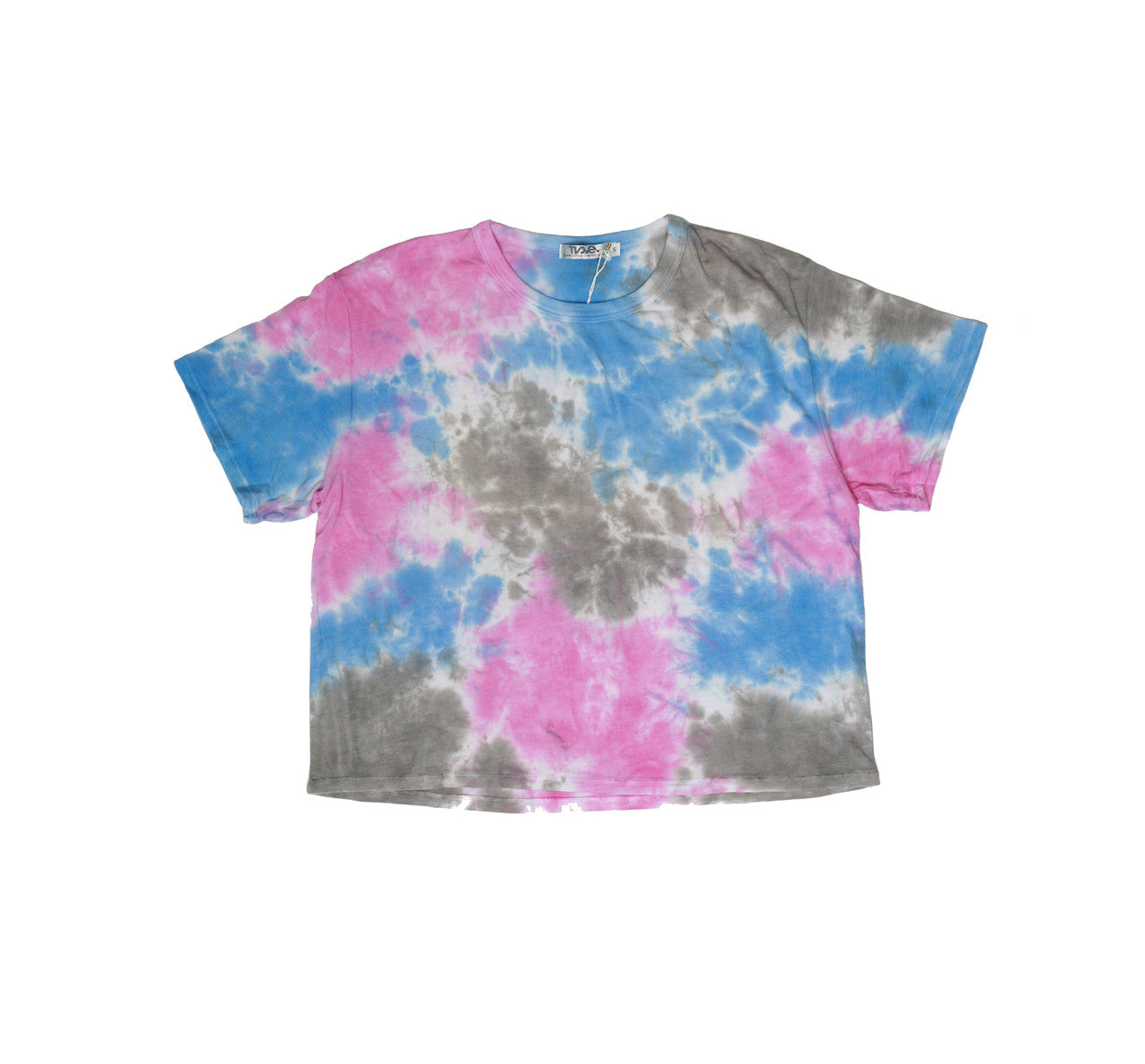 women's blue, pink, and gray splotchy tie-dye on white fabric wide-fit t-shirt