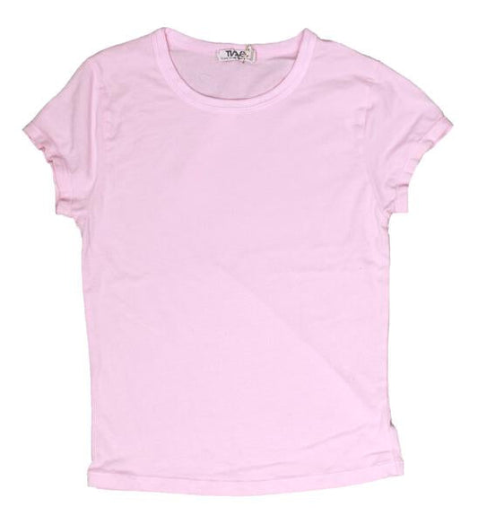 women's pink closer-fitting short cap-sleeve t-shirt with round neckline