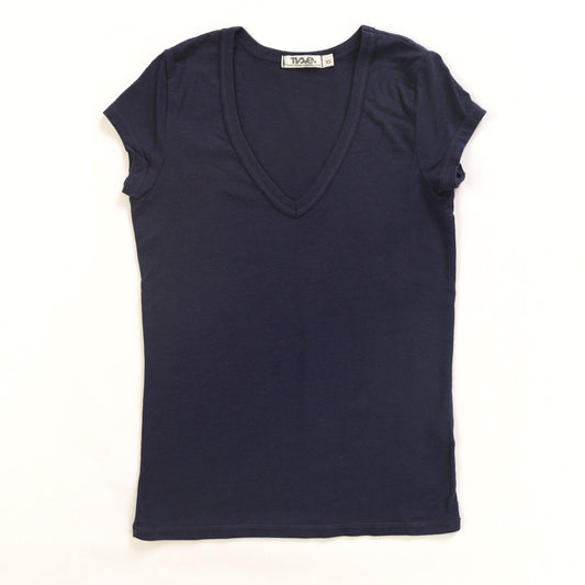 women's navy closer-fitting short cap-sleeve t-shirt with v-neckline
