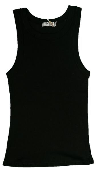 women's black close-fitting tank with reinforced hemming around the large armholes and neckline