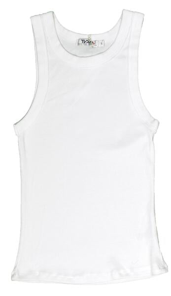 women's white close-fitting tank with reinforced hemming around the large armholes and neckline