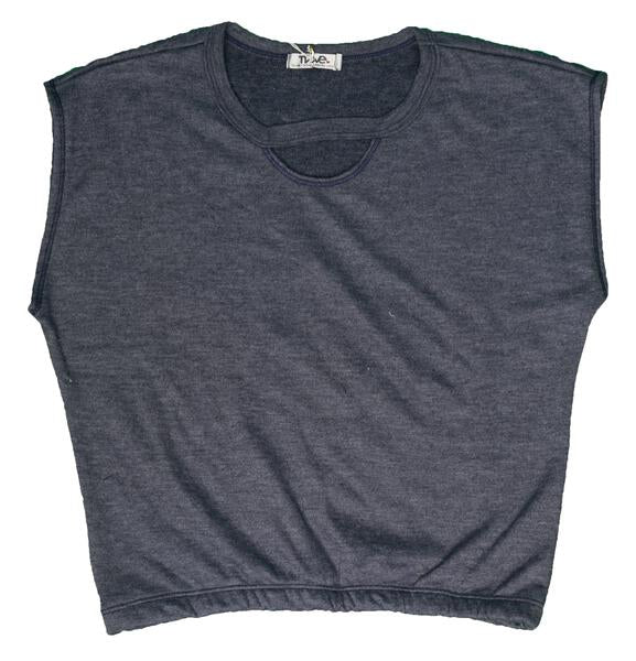 women's muted dark navy blue short sleeve flush with the torso shirt with elastic bottom hem and half-circle keyhole under the neckline