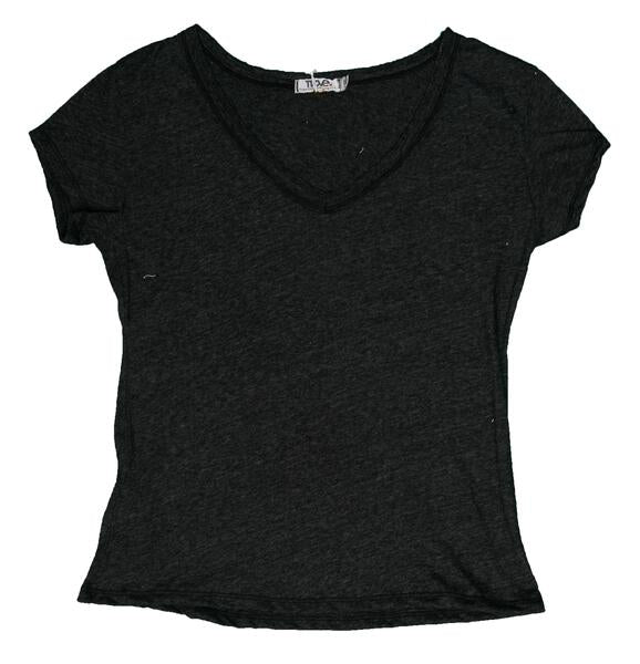 women's horizontal-textured black looser-fitting angled short sleeve shirt with v-neckline