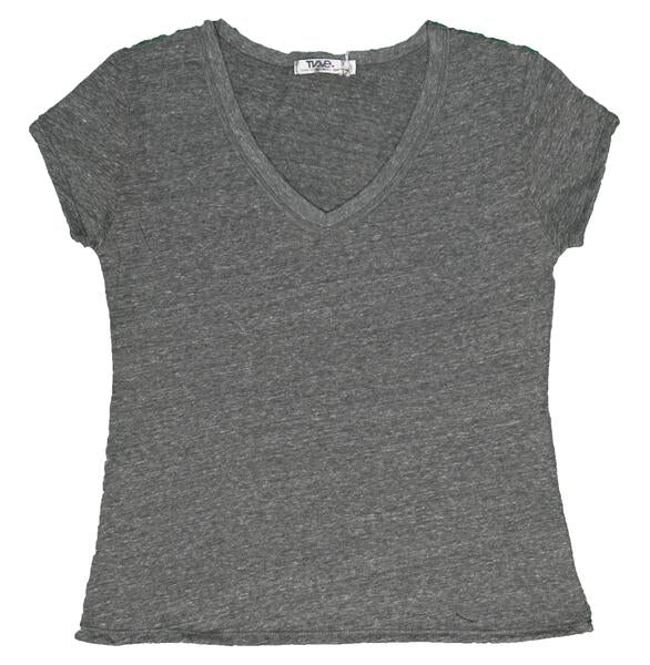 women's horizontal-textured gray looser-fitting angled short sleeve shirt with v-neckline