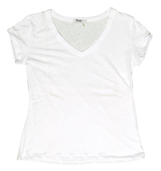 women's horizontal-textured white looser-fitting angled short sleeve shirt with v-neckline