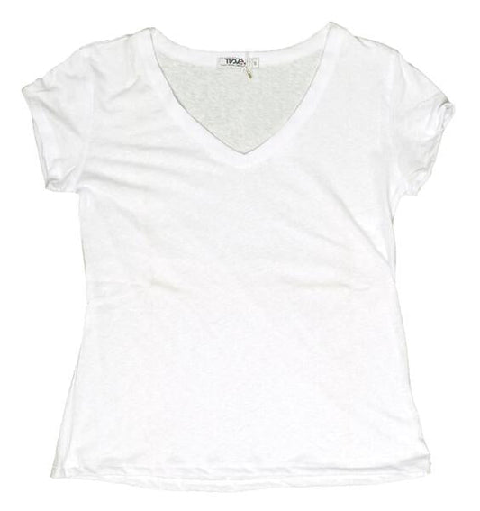 women's horizontal-textured white looser-fitting angled short sleeve shirt with v-neckline
