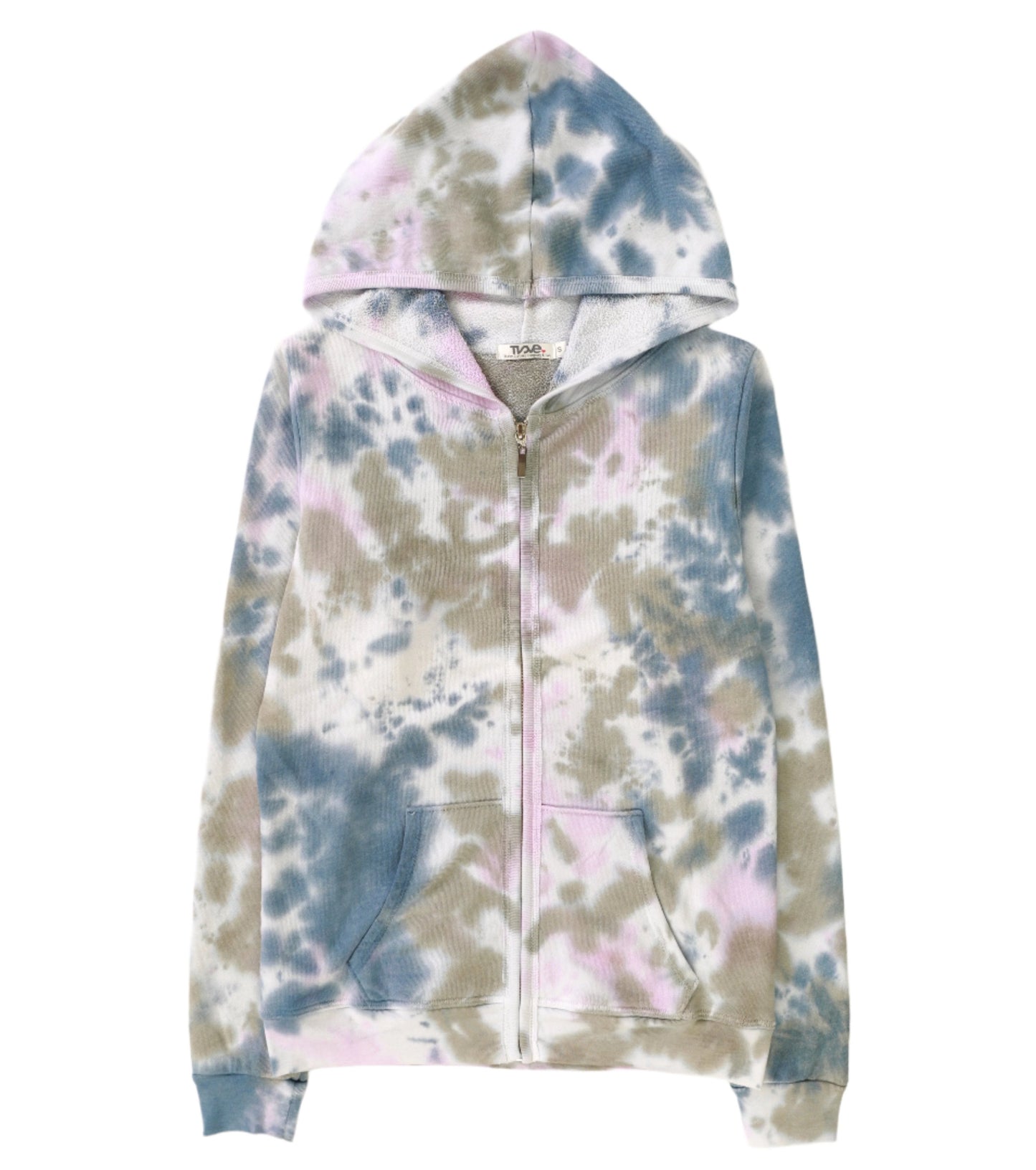 women's denim, grey, and pink tie-dye splotches on white jacket with hood and front pockets with full-length zipper and elastic cuffs and trimming on bottom hem and along the zipper and hood, with thumbholes on the cuffs