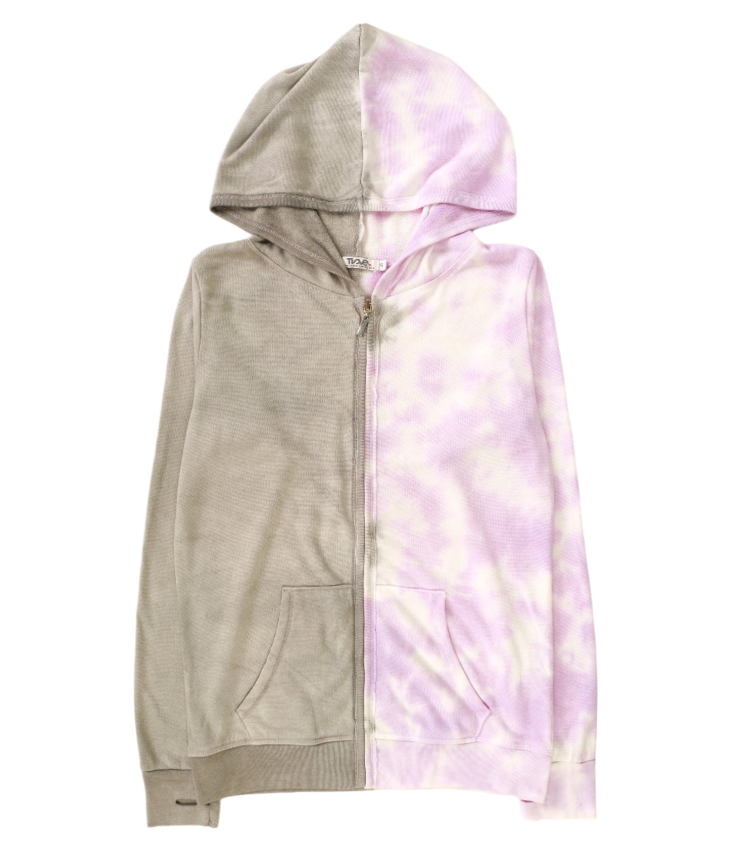 women's gray on right side and lilac tie-dye splotches on left side jacket with hood and front pockets with full-length zipper and elastic cuffs and trimming on bottom hem and along the zipper and hood, with thumbholes on the cuffs